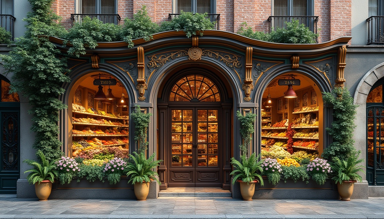 Prompt: Ornate grocery store facade, flowing curvilinear lines, organic forms, botanical motifs, sinuous metalwork, stained glass windows, vibrant colors, ornamental tiling, decorative brick patterns, asymmetrical composition, eclectic typography, natural stone foundations, wrought iron gates, lush greenery, blooming flowers, soft warm lighting, shallow depth of field, 3/4 composition, panoramic view, realistic textures, ambient occlusion.