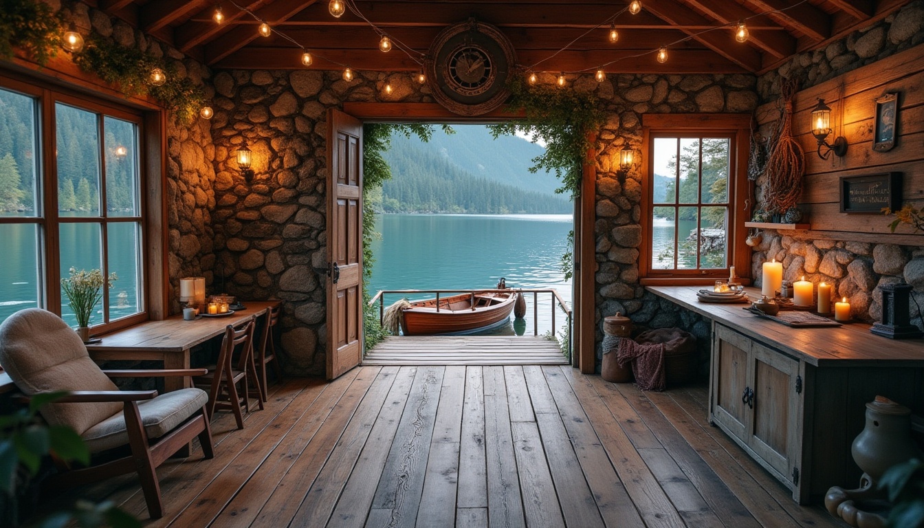 Prompt: Rustic boathouse, wooden dock, serene lake views, natural stone foundations, weathered wood accents, earthy brown colors, soft blue hues, calming greenery, water-inspired color palette, nautical ropes, vintage lanterns, distressed finishes, cozy interior ambiance, warm candlelight, shallow depth of field, 1/1 composition, realistic textures, ambient occlusion.