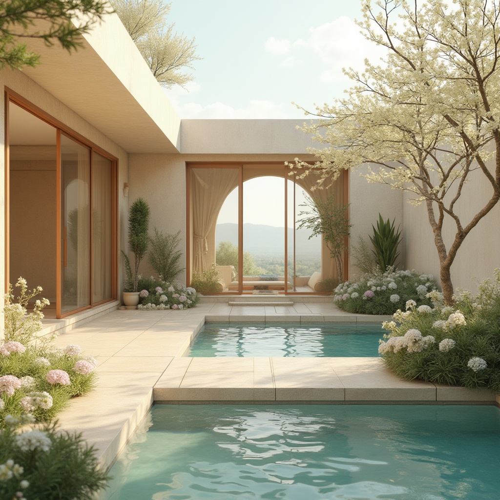 Prompt: Soft pastel hues, calming atmosphere, serene natural surroundings, blooming flowers, gentle water features, minimalist modern architecture, large windows, sliding glass doors, warm beige stonework, soft cream walls, pale blue accents, muted greenery, earthy terracotta tones, warm golden lighting, shallow depth of field, 3/4 composition, panoramic view, realistic textures, ambient occlusion.