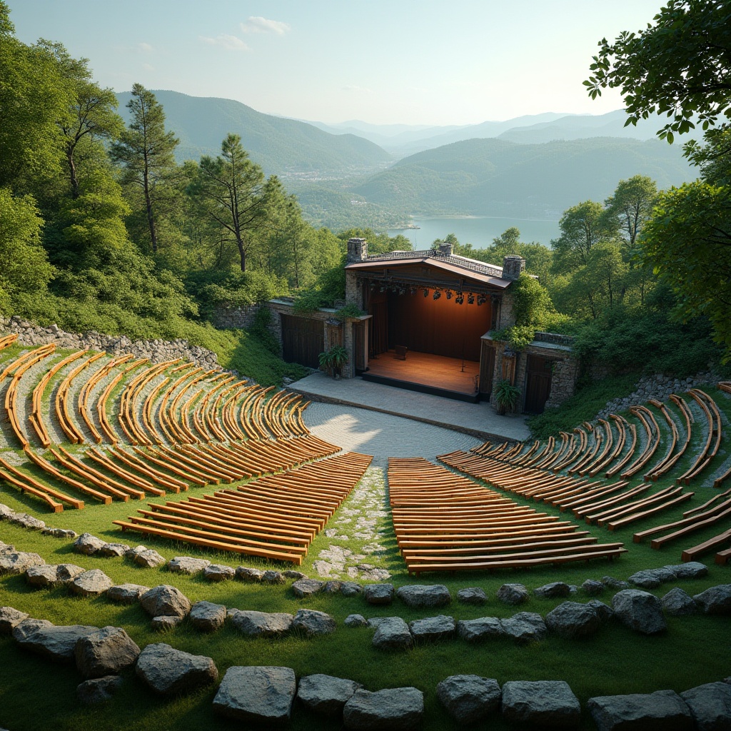 Prompt: Natural amphitheater setting, lush green hills, tiered seating areas, wooden benches, scenic vista points, outdoor performance stage, sound reinforcement systems, acoustic shell design, directional loudspeakers, frequency response optimization, echo reduction materials, audience absorption zones, reverberation time management, natural ambiance preservation, warm sunny day, soft breeze, 3/4 composition, panoramic view, realistic textures, ambient occlusion.