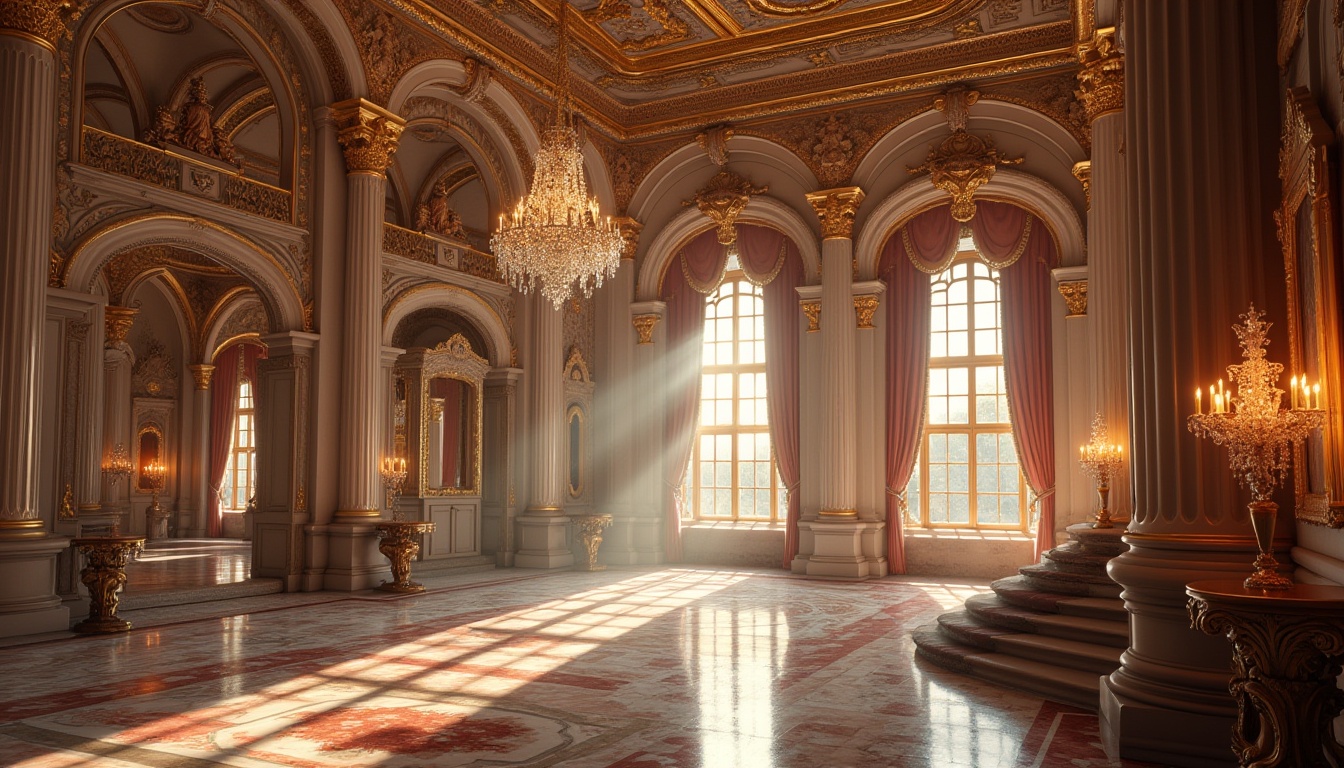 Prompt: Grandiose palace, ornate facades, intricately carved stone walls, gilded decorations, sweeping arches, dramatic columns, lavish furnishings, velvet drapes, crystal chandeliers, frescoed ceilings, marble floors, golden accents, intricate moldings, grand staircases, ornate mirrors, rich tapestries, regal atmosphere, warm soft lighting, shallow depth of field, 1/2 composition, highly detailed textures, ambient occlusion.