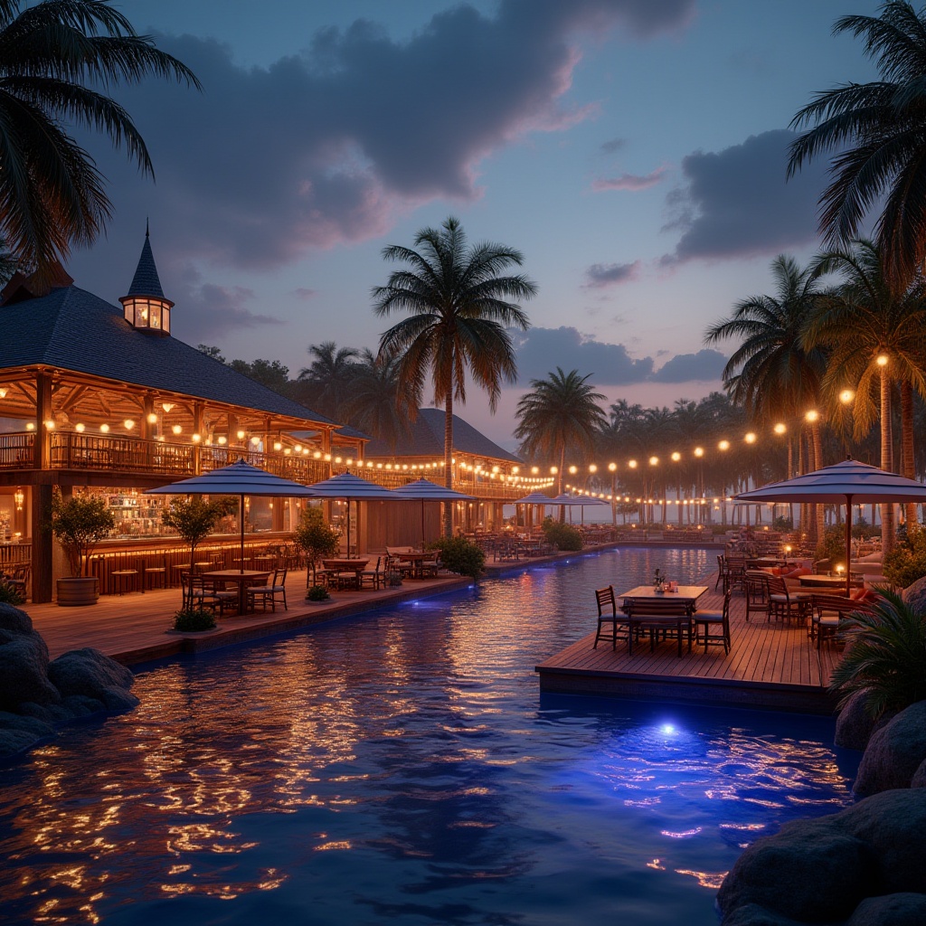 Prompt: Lakefront nightclubs, warm summer nights, twinkling string lights, outdoor decks, wooden docks, sailboat-inspired decor, nautical-themed bars, LED-lit dance floors, misting systems, lakeside seating areas, fire pits, comfortable lounge furniture, tropical plants, palm trees, soft ambient lighting, shallow depth of field, 3/4 composition, panoramic view, realistic water reflections, vivid color palette.