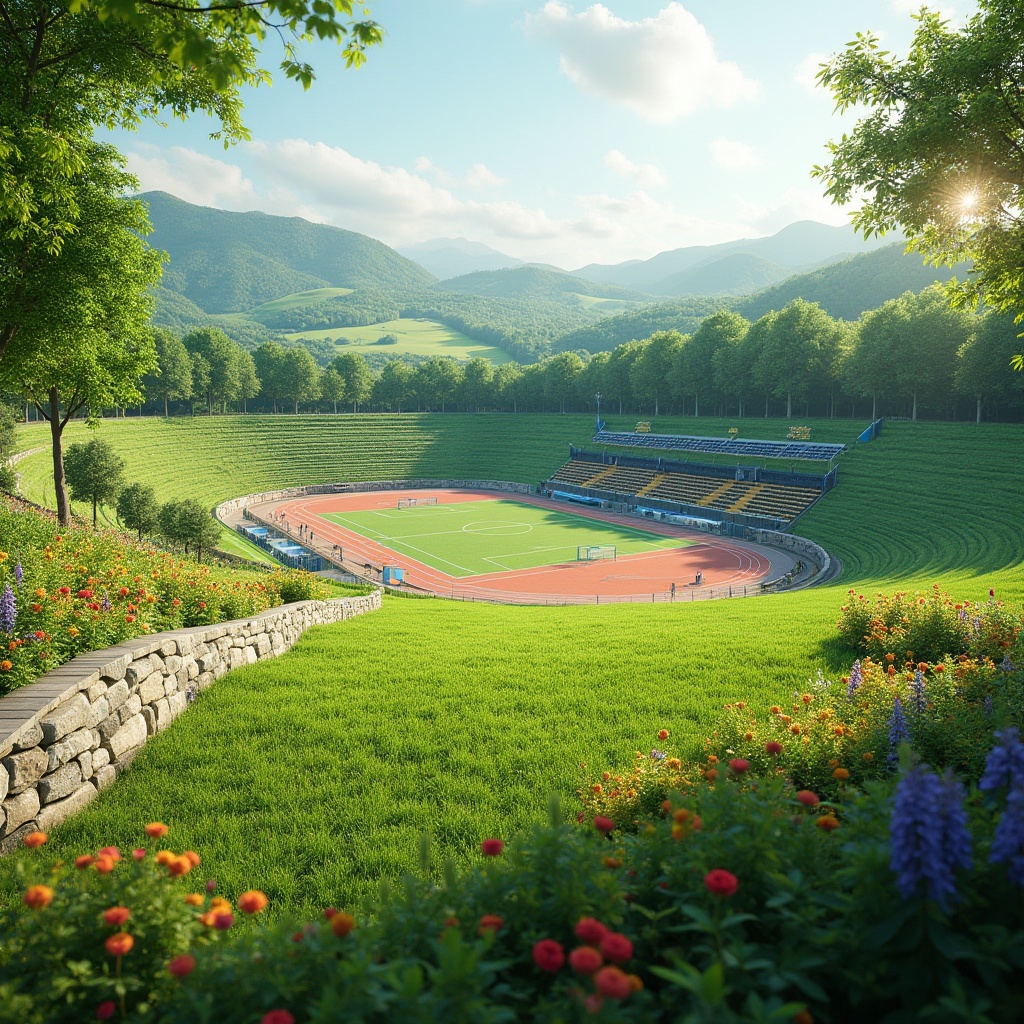 Prompt: Rolling hills, lush green grass, sports stadium seating, athletic tracks, soccer goals, tennis courts, basketball hoops, vibrant colorful flowers, natural stone retaining walls, meandering pathways, wooden benches, shade trees, sunny day, soft warm lighting, shallow depth of field, 3/4 composition, panoramic view, realistic textures, ambient occlusion, modern sports facilities, integrated landscape design, eco-friendly irrigation systems, rainwater harvesting, native plant species, minimal environmental impact.