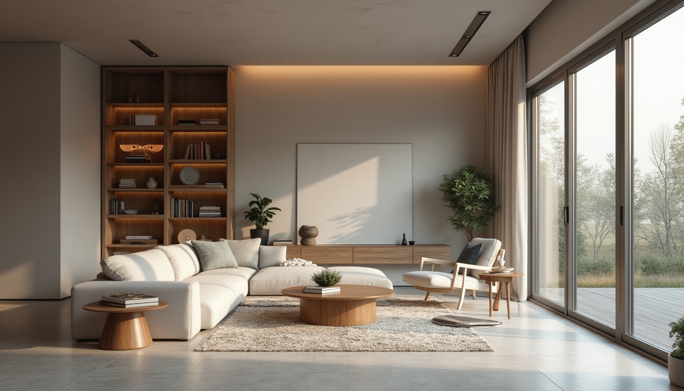 Prompt: Minimalist living room, sleek modern furniture, neutral color palette, functional layout, optimized traffic flow, ample natural light, large windows, sliding glass doors, cozy reading nook, built-in shelving, rustic wooden accents, comfortable seating area, pendant lighting fixtures, ambient warm glow, 1/1 composition, shallow depth of field, realistic textures, subtle shadowing.