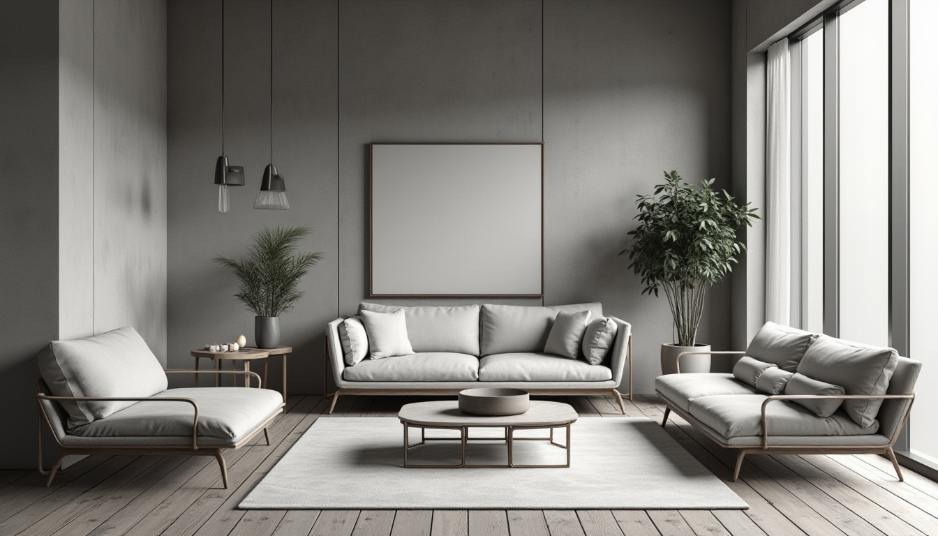 Prompt: Monochromatic interior space, smooth concrete walls, matte finish wooden floors, industrial metal accents, sleek minimalist furniture, velvet upholstery, natural linen fabrics, soft ambient lighting, subtle shadows, 1/1 composition, shallow depth of field, realistic renderings, ambient occlusion.