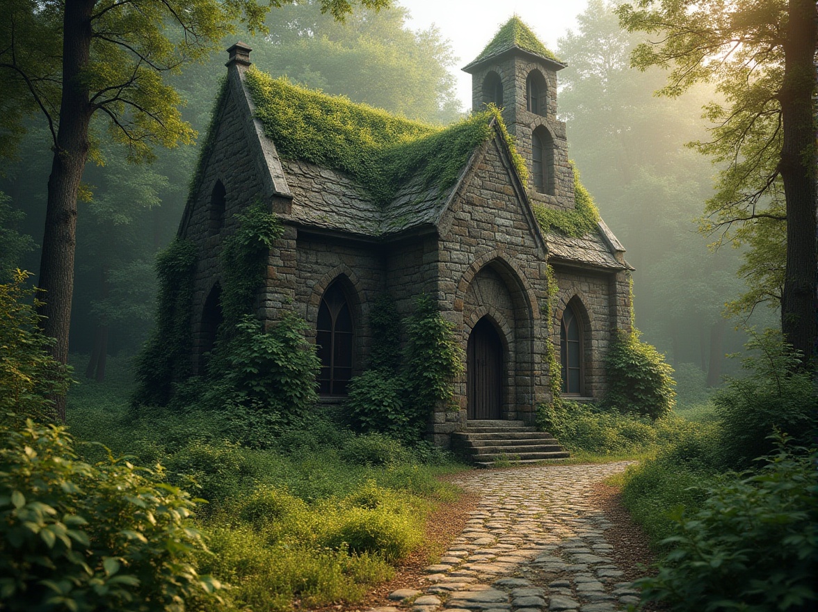 Prompt: Rustic stone church, lush greenery, overgrown vines, weathered wooden doors, stained glass windows, natural stone pathways, serene forest surroundings, misty morning atmosphere, soft warm lighting, shallow depth of field, 3/4 composition, panoramic view, realistic textures, ambient occlusion.