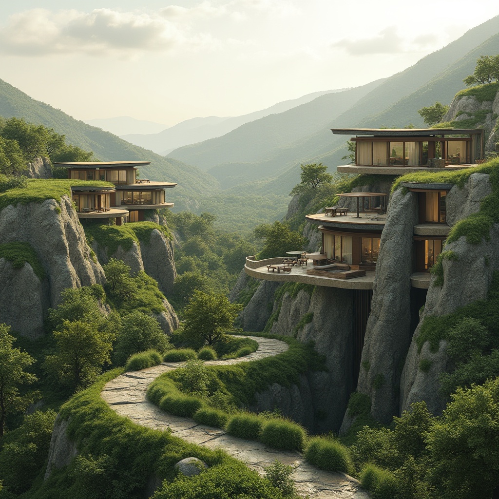 Prompt: Harmonious building integration, rolling hills, lush greenery, natural stone walls, curved lines, organic architecture, earthy tones, blending boundaries, seamless transitions, panoramic views, soft warm lighting, atmospheric perspective, 1/1 composition, realistic textures, ambient occlusion, eco-friendly materials, sustainable design, minimalist decor, rustic accents, wooden elements, overhanging roofs, cantilevered structures, scenic overlooks.