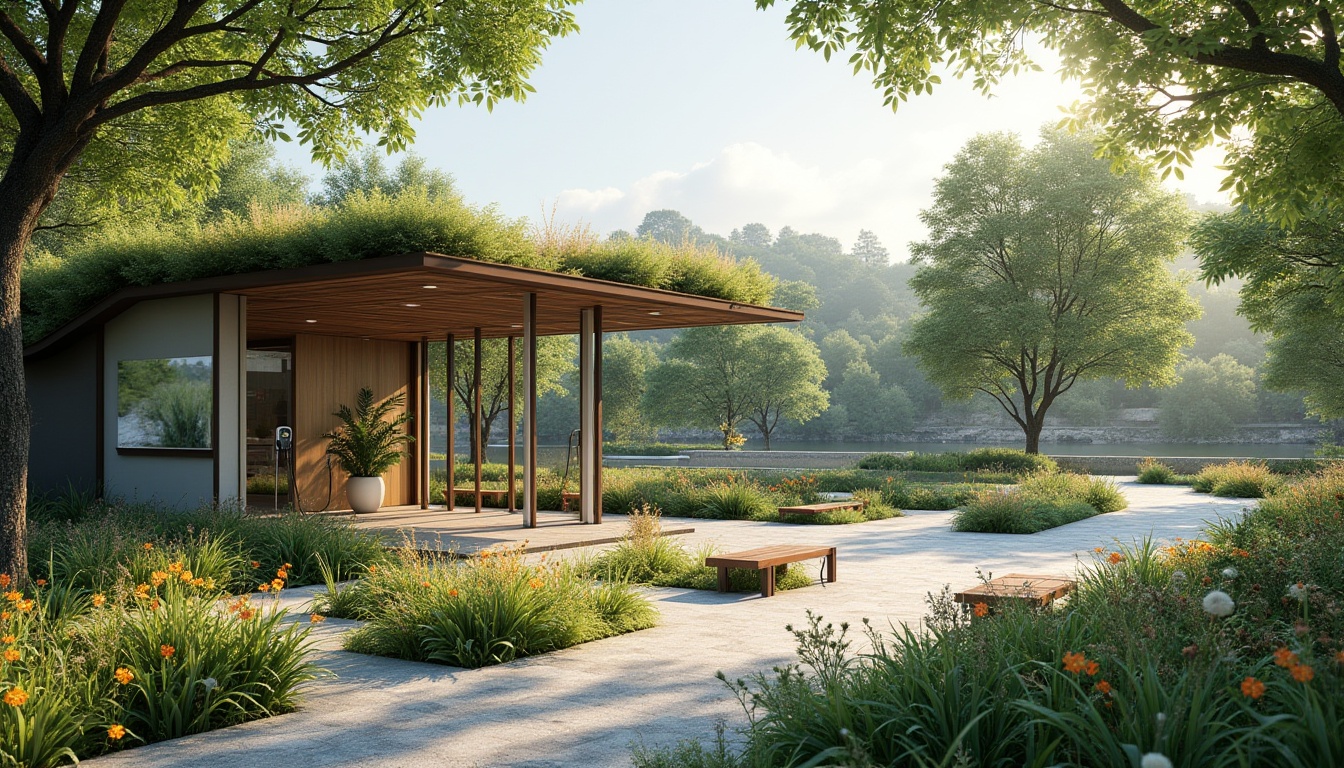 Prompt: Riverbank charging stations, modern sleek design, solar panels, eco-friendly materials, green roofs, innovative cooling systems, shaded outdoor spaces, misting systems, lush vegetation, native plants, wildflowers, meandering paths, wooden benches, scenic views, tranquil atmosphere, natural stone walls, gentle water features, soft warm lighting, 3/4 composition, panoramic view, realistic textures, ambient occlusion.