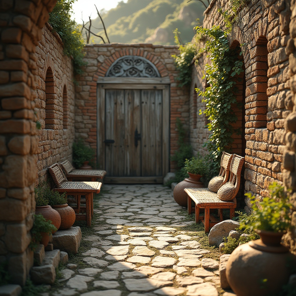 Prompt: Rugged rocky formations, weathered stone walls, rustic wooden planks, distressed metal sheets, vintage brick facades, ornate stucco patterns, intricate mosaic tiles, decorative ceramic accents, natural fiber textiles, woven wicker furniture, earthy terracotta pottery, moss-covered stone benches, lush green ivy, warm golden lighting, soft focus blur, shallow depth of field, 1/1 composition, realistic material textures, ambient occlusion.