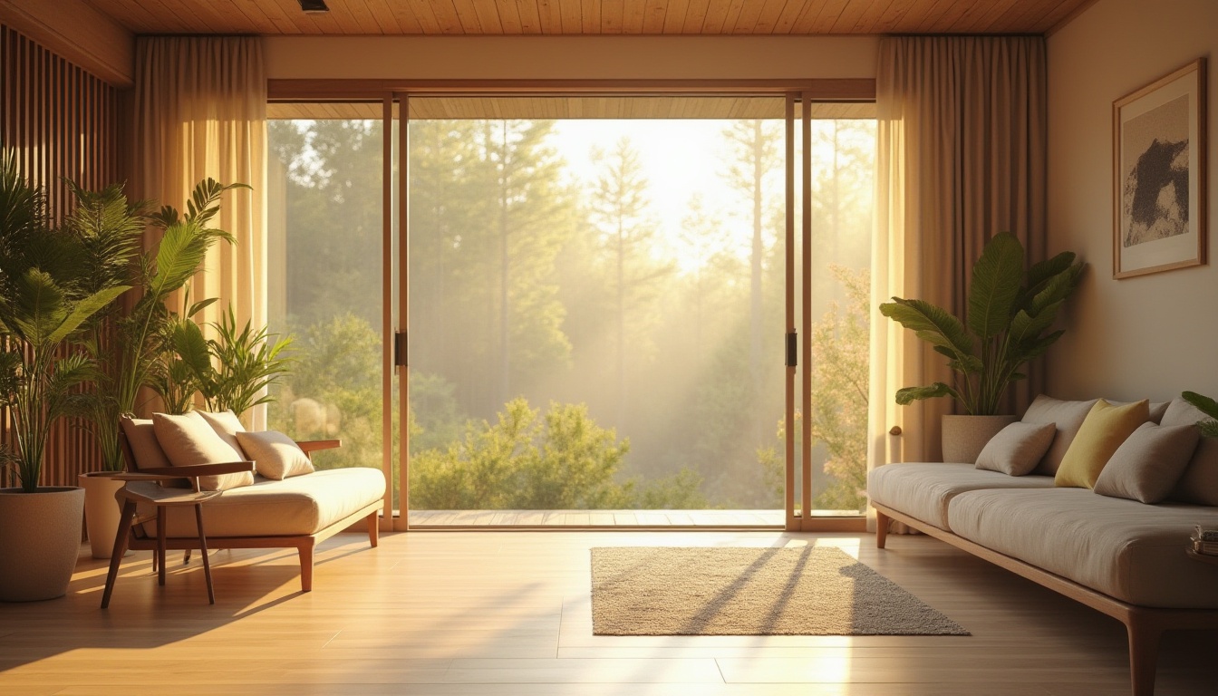 Prompt: Soft morning light, warm golden tones, diffused sunlight, subtle shadows, airy atmosphere, minimalist decor, sleek lines, natural materials, wood accents, greenery views, floor-to-ceiling windows, sliding glass doors, modern architecture, open spaces, calming ambiance, gentle highlights, shallow depth of field, 1/1 composition, realistic textures, ambient occlusion.