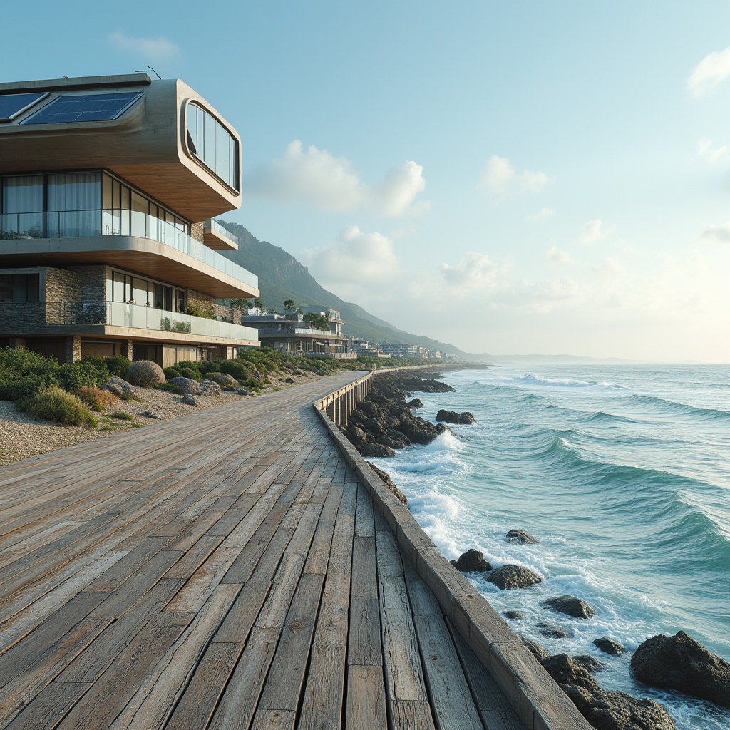 Prompt: Seaside promenade, weathered wooden planks, crashing ocean waves, salty sea air, rugged rock formations, beachside dunes, modern coastal architecture, elevated stilts, cantilevered roofs, large windows, sliding glass doors, hurricane-resistant materials, storm shutters, solar panels, wind turbines, green roofs, eco-friendly building materials, innovative flood protection systems, shaded outdoor spaces, misting systems, nautical-inspired color schemes, ocean-blue hues, driftwood textures, natural stone accents, 3/4 composition, panoramic view, realistic water effects, ambient occlusion.Please let me know if this meets your requirements!