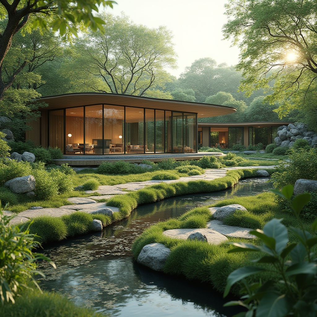 Prompt: Harmonious landscape integration, blending modern architecture with natural surroundings, lush greenery, native flora, meandering streams, serene water features, organic curves, sustainable materials, eco-friendly design, seamless transitions, subtle color palette, soft warm lighting, shallow depth of field, 3/4 composition, panoramic view, realistic textures, ambient occlusion.