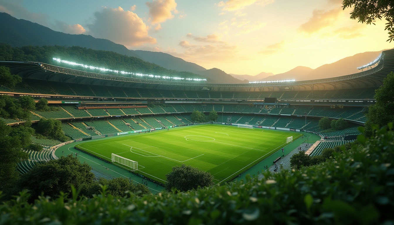 Prompt: \Green stadium architecture, lush vegetation, rolling hills, natural stone facades, curved lines, modern sports facilities, soccer fields, running tracks, grandstands, spectator seating, Olympic torches, dynamic lighting systems, evening atmosphere, warm sunset colors, soft shadows, shallow depth of field, 2/3 composition, panoramic view, realistic textures, ambient occlusion.\