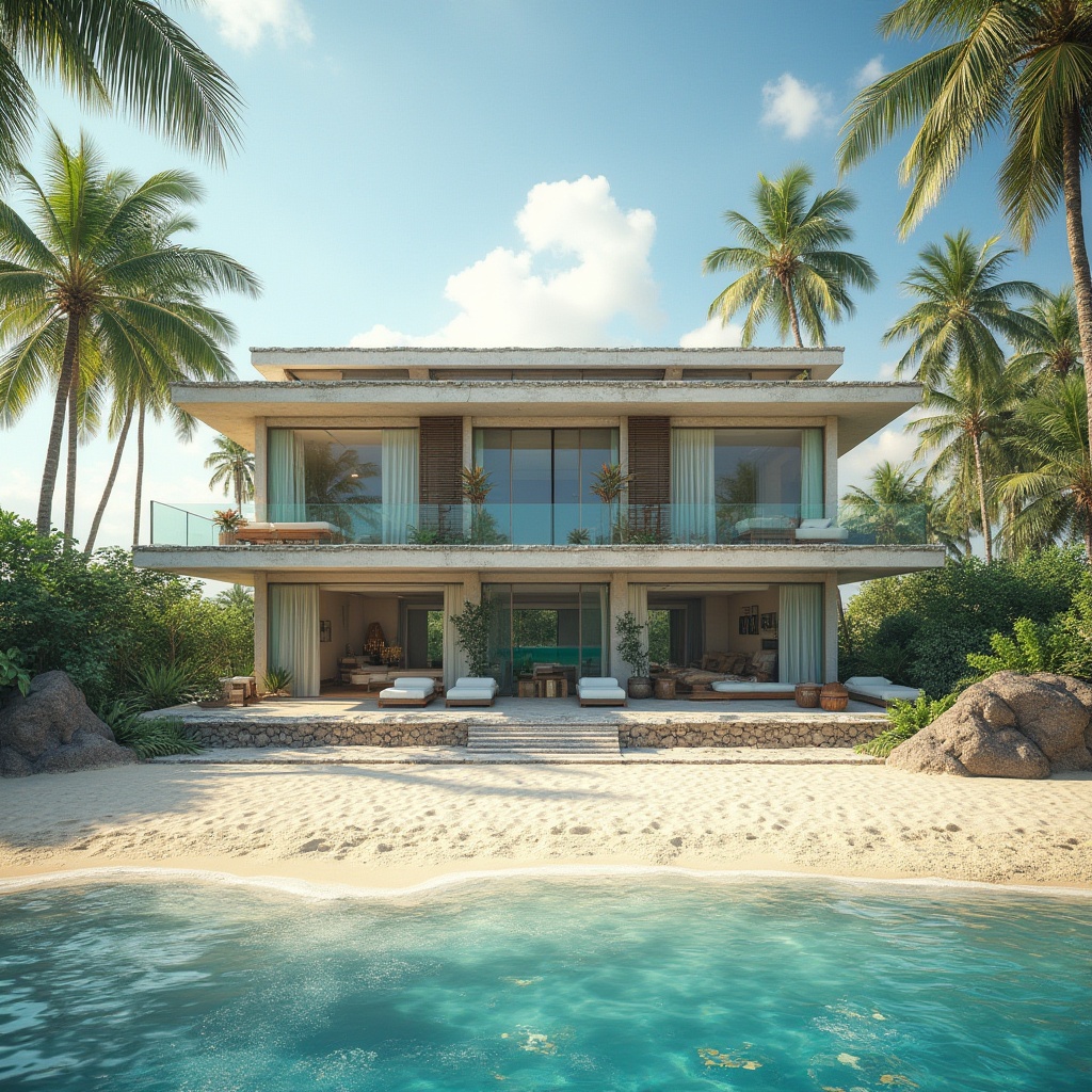 Prompt: Breezy coastal villa, large overhangs, clerestory windows, operable shutters, natural ventilation systems, sea-breeze circulation, salt-resistant materials, driftwood accents, coral-inspired fa\u00e7ade, ocean-blue color scheme, tropical plants, palm trees, sandy dunes, beachside setting, sunny day, soft warm lighting, shallow depth of field, 1/1 composition, panoramic view, realistic textures, ambient occlusion.