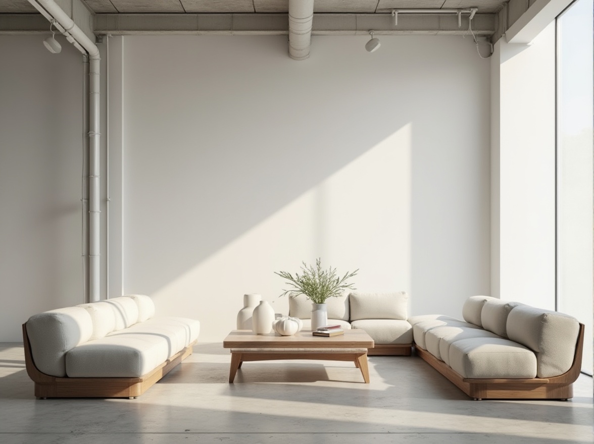 Prompt: Monochromatic interior space, sleek minimalist furniture, smooth matte surfaces, subtle wood grain textures, soft cotton upholstery, industrial metal accents, concrete floors, plain white walls, recessed lighting, warm ambient glow, shallow depth of field, 1/1 composition, realistic render, natural fabric patterns, subtle material reflections, calm atmosphere.