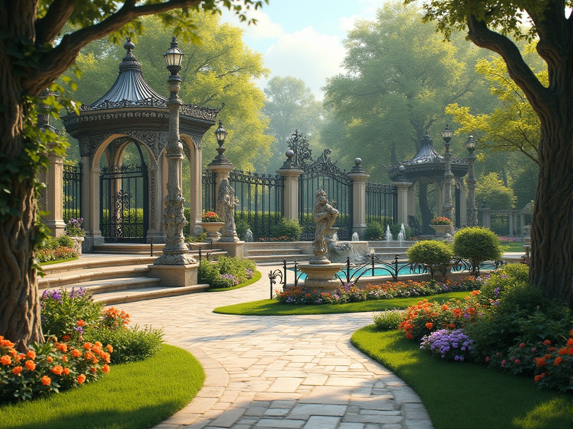 Prompt: Intricate ironwork, flowing organic lines, ornate lamp posts, lush green grass, vibrant flowerbeds, curved benches, decorative ceramic tiles, winding stone pathways, grand entrance gates, elegant fountains, naturalistic sculptures, sinuous railings, whimsical gazebos, blooming vines, warm sunny day, soft diffused lighting, shallow depth of field, 3/4 composition, panoramic view, realistic textures, ambient occlusion.