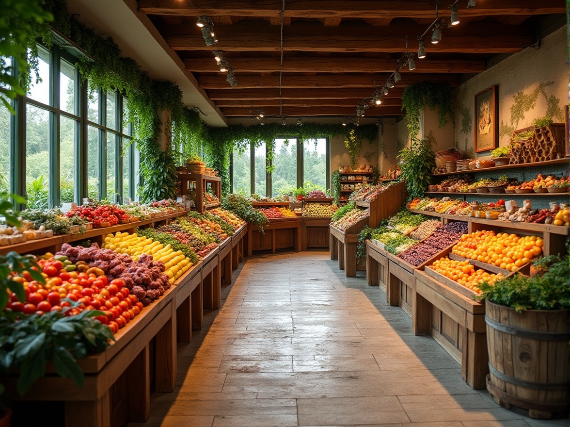 Prompt: Vibrant produce stands, natural stone floors, reclaimed wood shelves, earthy color palette, botanical patterns, living green walls, organic food displays, wooden crates, woven baskets, artisanal signage, abundant natural light, warm soft lighting, shallow depth of field, 1/1 composition, intimate store layout, realistic textures, ambient occlusion.