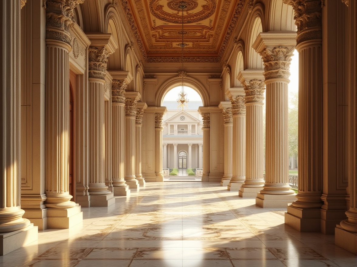 Prompt: Grandiose columns, ornate capitals, carved stone facades, symmetrical compositions, rusticated bases, arched windows, ornamental pediments, decorative cornices, classical pilasters, intricate moldings, marble flooring, luxurious chandeliers, warm golden lighting, shallow depth of field, 2/3 composition, realistic textures, ambient occlusion.