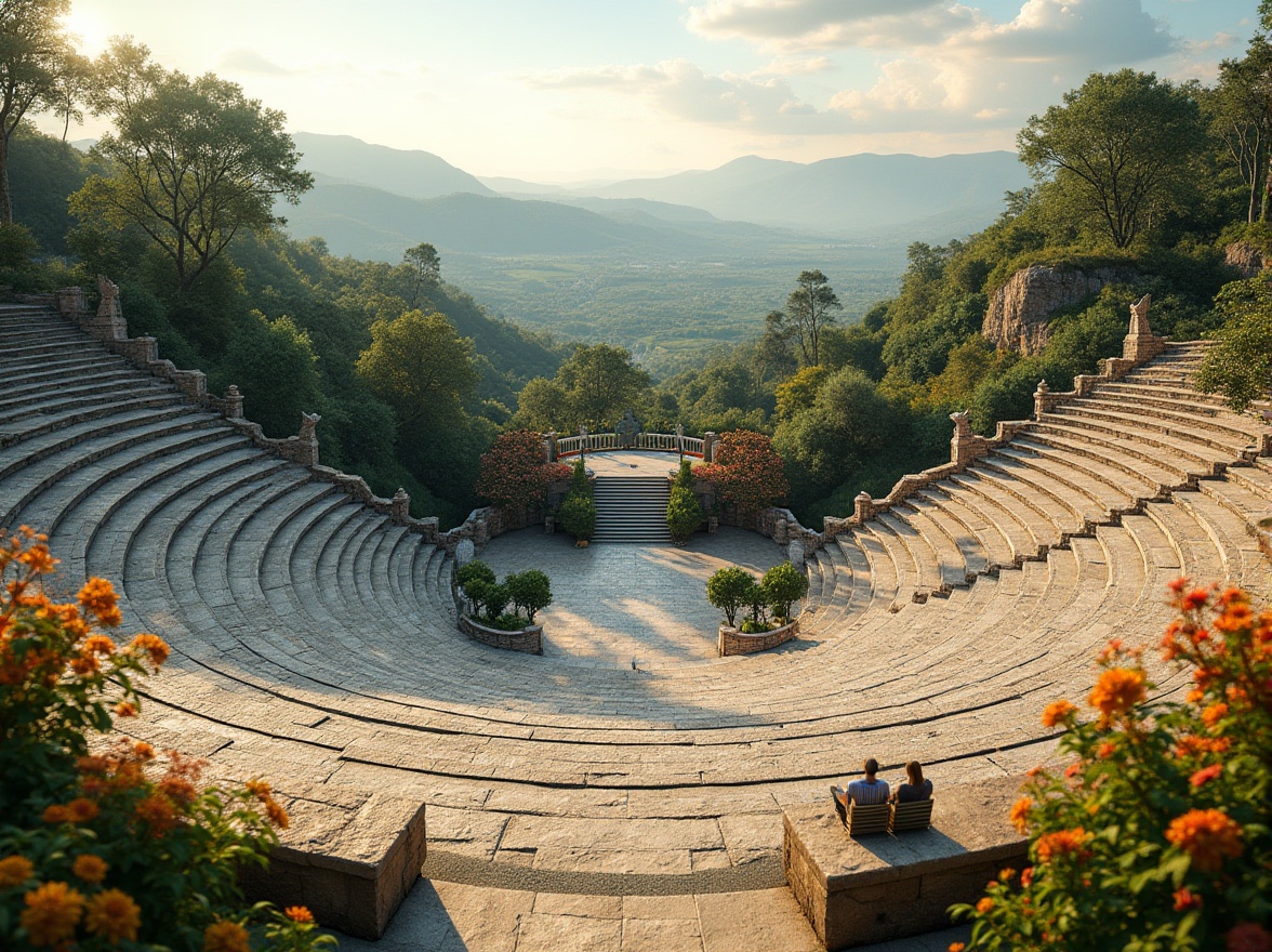 Prompt: Amphitheater, natural stone seating, lush greenery, rolling hills, serene landscape, gentle slope, tiered levels, curved architecture, grand staircases, wooden railings, scenic overlooks, panoramic views, soft warm lighting, shallow depth of field, 3/4 composition, realistic textures, ambient occlusion, open-air performance space, concert-ready infrastructure, state-of-the-art sound systems, comfortable seating areas, accessible walkways, integrated water features, artistic sculptures, vibrant colorful flowers, sunny day.