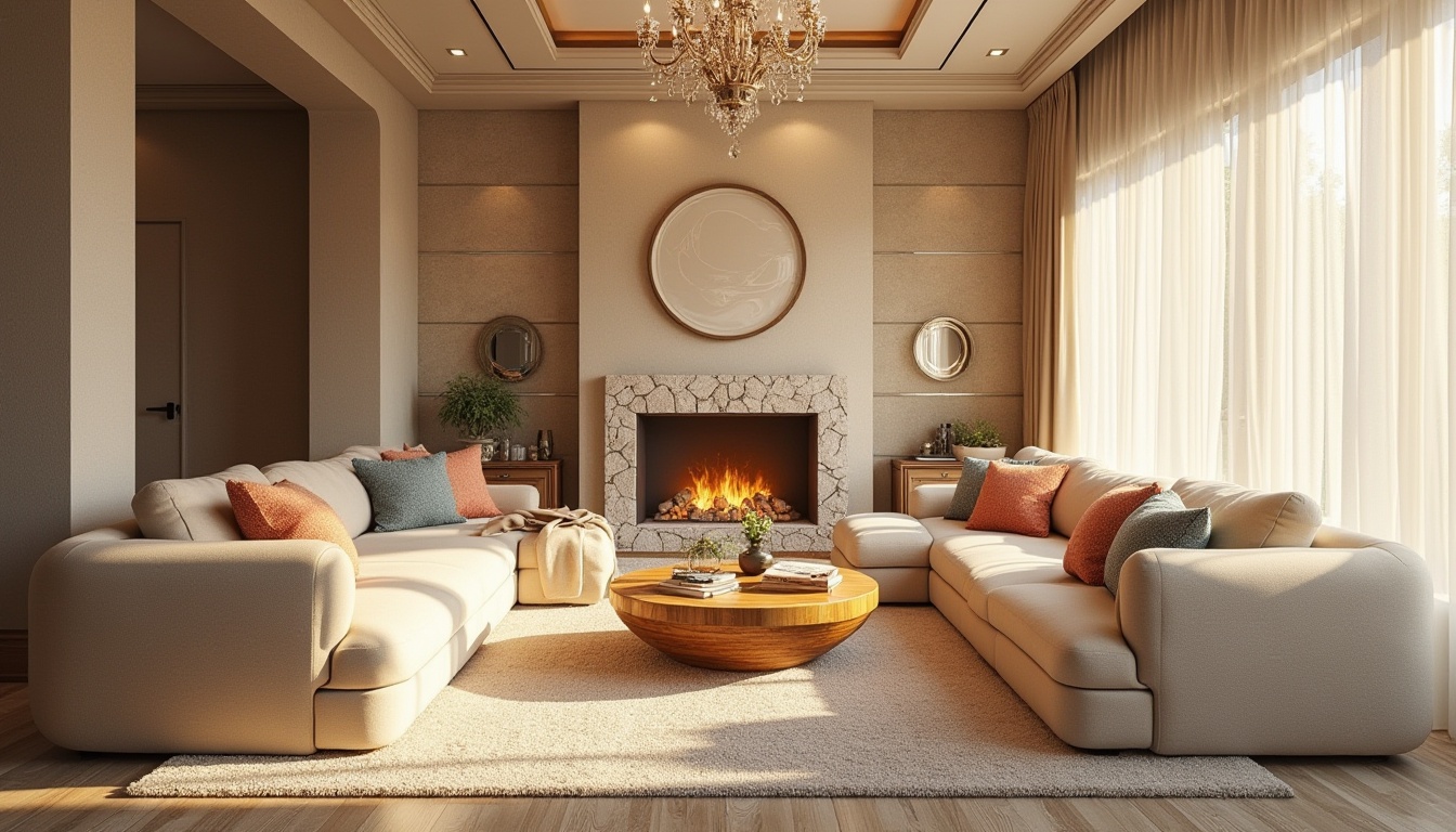 Prompt: Cozy living room, plush furniture, warm beige tones, soft cream accents, natural wood textures, stone fireplace, comfortable sectional sofa, vibrant colorful throw pillows, elegant crystal chandelier, floor-to-ceiling windows, sheer white curtains, abundant natural light, warm golden lighting, shallow depth of field, 2/3 composition, harmonious color palette, realistic fabric materials, subtle ambient occlusion.