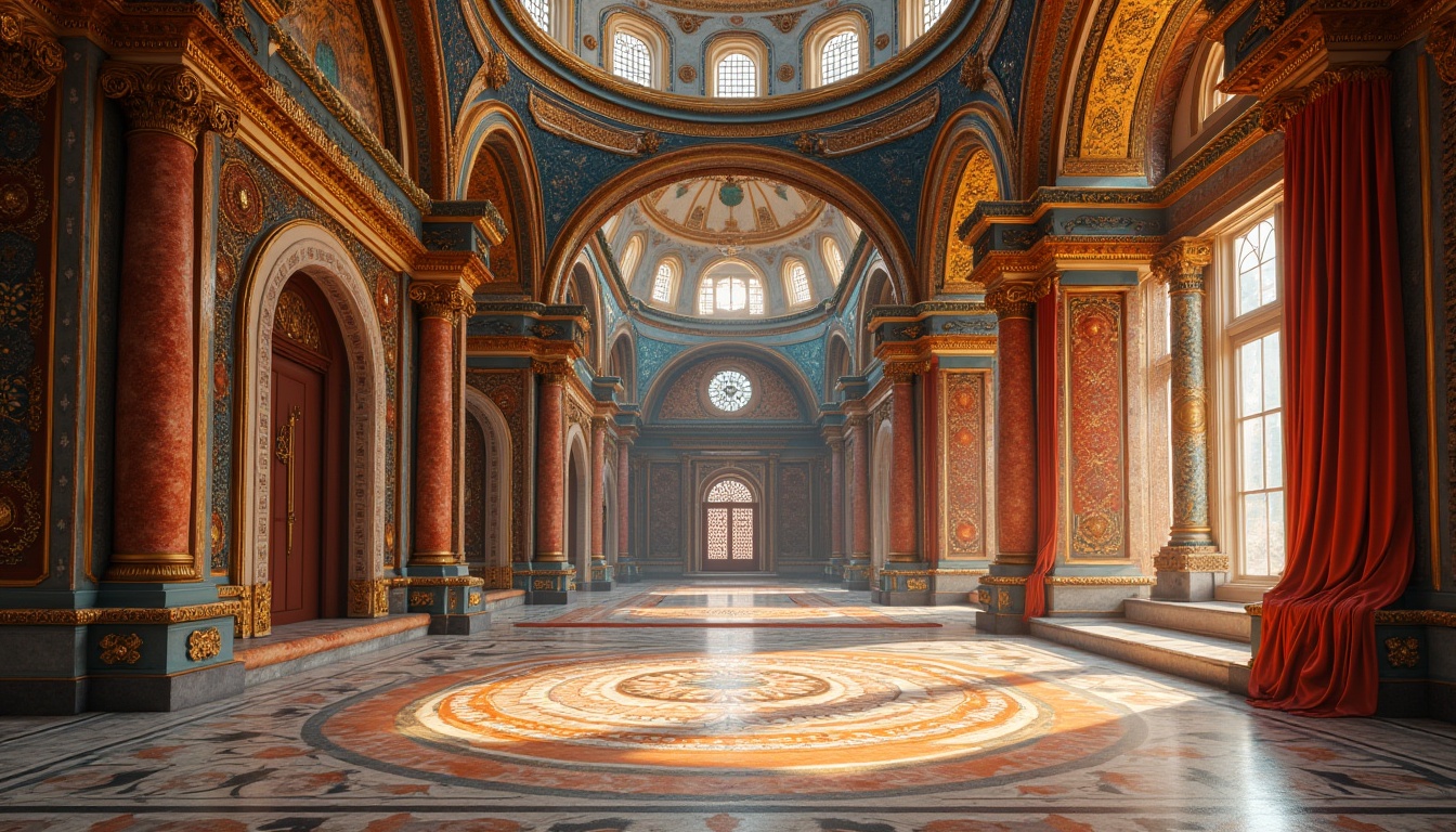 Prompt: Intricate mosaics, golden domes, vibrant blue hues, warm terracotta tones, ornate stone carvings, luxurious marble floors, grandiose archways, rich jewel-toned frescoes, lavish velvet drapes, ornamental metalwork, intricate geometric patterns, Byzantine-inspired motifs, regal crimson accents, soft warm lighting, shallow depth of field, 1/1 composition, realistic textures, ambient occlusion.