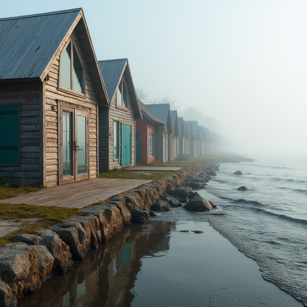 Prompt: Driftwood-clad buildings, ocean-inspired fa\u00e7ades, corrugated metal roofs, weathered wood accents, beachy color palette, natural textures, reclaimed wood decks, eco-friendly paints, low-maintenance materials, salt-resistant finishes, coastal erosion protection, seaside promenade, wave-cut stone walls, tidal pool reflections, misty morning light, soft focus photography, 1/2 composition, atmospheric perspective, subtle gradient maps.