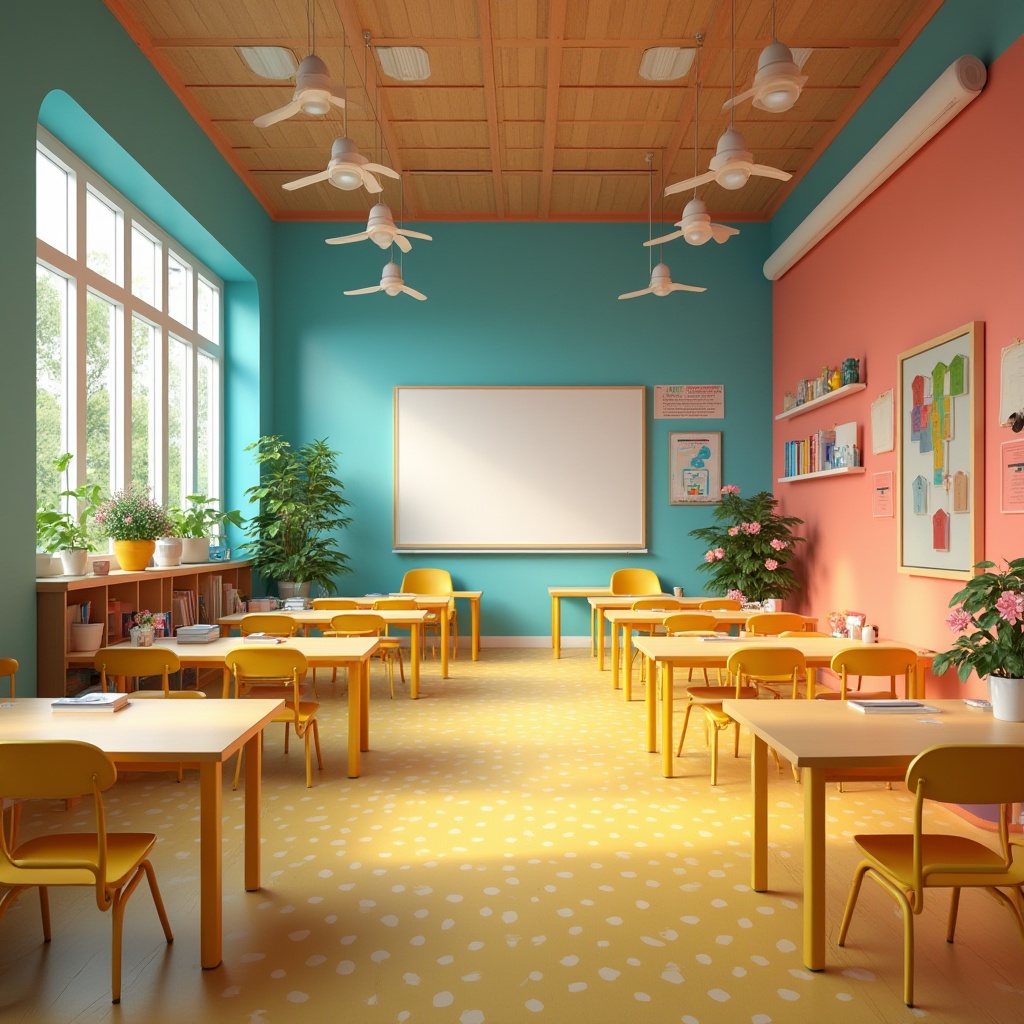 Prompt: Vibrant kindergarten classroom, bright coral walls, turquoise blue accents, sunny yellow furniture, playful polka dot carpets, interactive whiteboards, educational posters, wooden desks, ergonomic chairs, modern pendant lighting, natural wood textures, rounded archways, cozy reading nooks, colorful bookshelves, lively greenery, blooming flowers, warm afternoon sunlight, shallow depth of field, 1/1 composition, soft focus, realistic rendering.