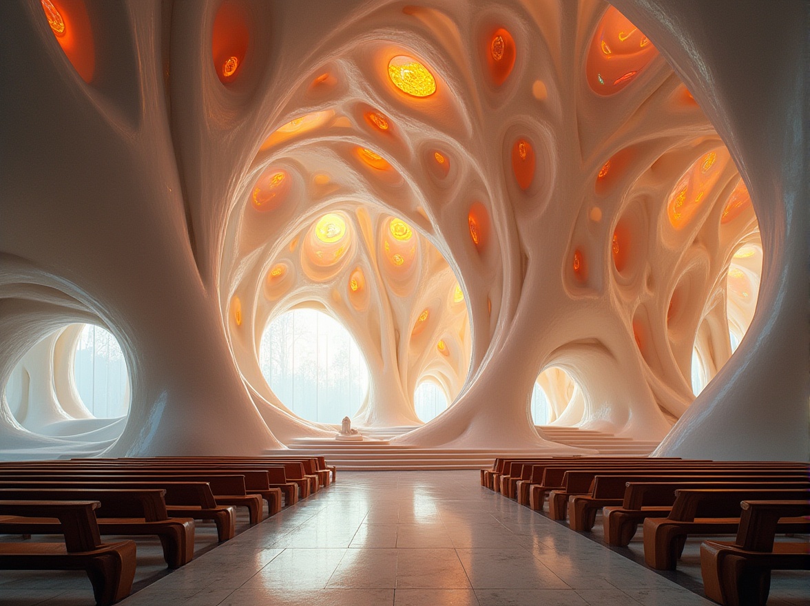 Prompt: Undulating blob-like structures, fluid organic shapes, curvaceous lines, iridescent stained glass windows, kaleidoscope colors, intricate patterns, futuristic architecture, avant-garde design, sacred spaces, ethereal ambiance, soft warm lighting, shallow depth of field, 3/4 composition, panoramic view, realistic textures, ambient occlusion, natural stone flooring, polished wood accents, minimalist pews, futuristic altarpieces, holographic projections, neon-lit sculptures.