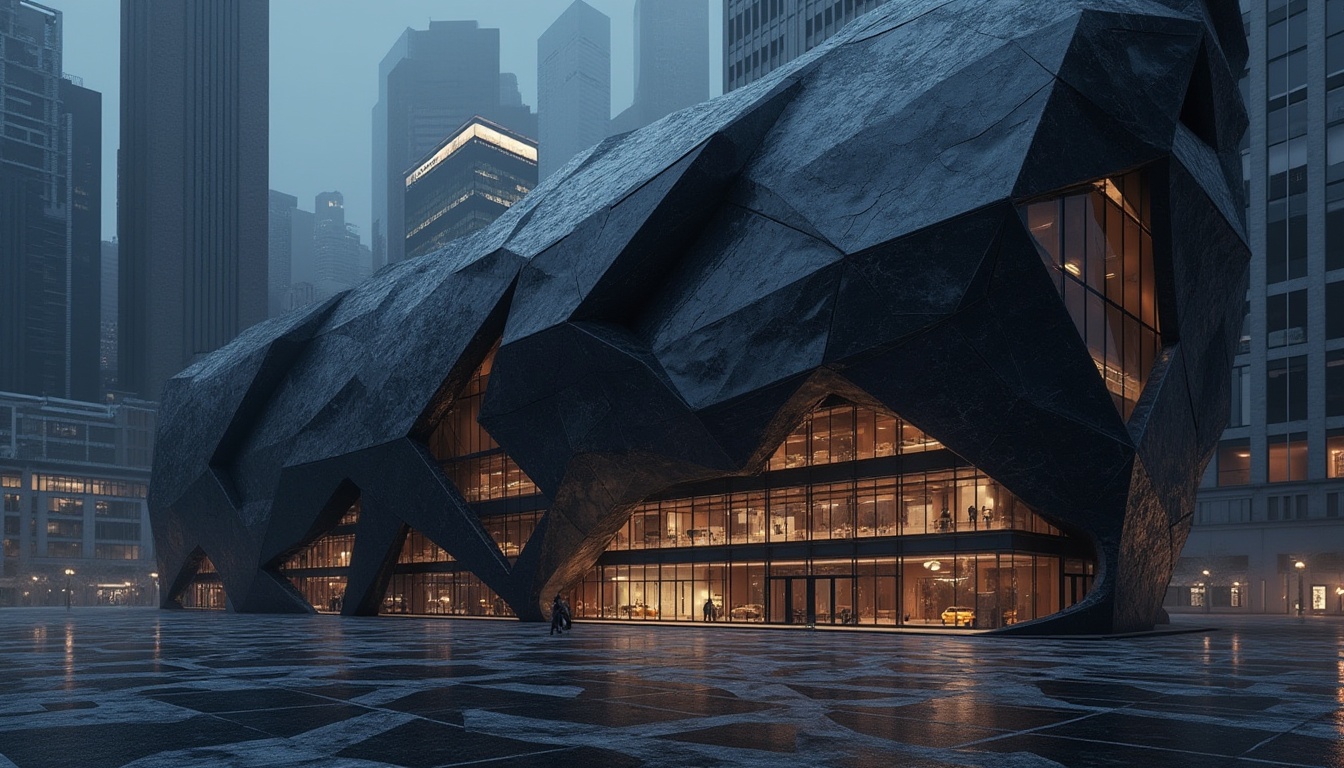 Prompt: Dark gray metallic facade, futuristic architecture, angular lines, minimalist design, sleek glass surfaces, LED light installations, dynamic patterns, 3D modeling, parametric design, algorithmic generation, complex geometry, abstract shapes, urban cityscape, nighttime atmosphere, moody lighting, shallow depth of field, 1/1 composition, high-contrast rendering, realistic reflections, ambient occlusion.