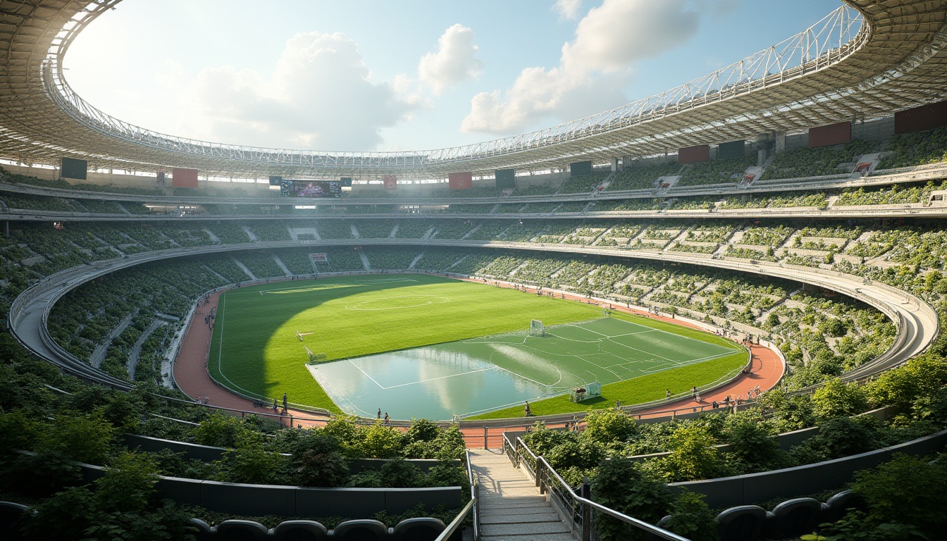 Prompt: Panoramic stadium views, lush greenery integration, natural stone seating areas, curved walkways, modern sports facilities, sleek metal structures, transparent roofs, retractable canopies, vibrant LED lighting, dynamic crowd atmosphere, shallow depth of field, 3/4 composition, realistic textures, ambient occlusion, integrated water features, scenic overlooks, urban cityscape backdrop, sunny day, soft warm lighting, futuristic architectural design.