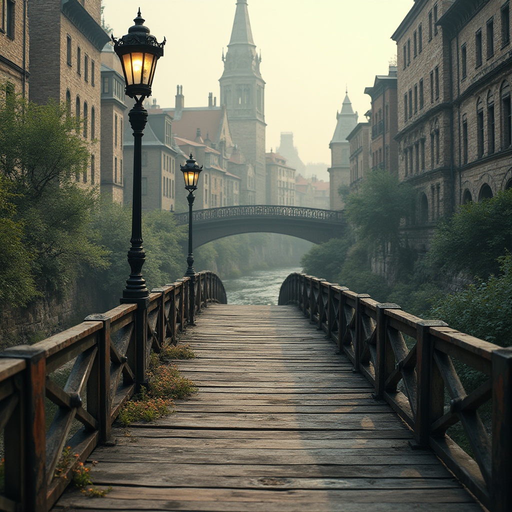 Prompt: Rustic vehicular bridges, industrial steel structures, distressed concrete surfaces, weathered wooden planks, vintage lamp posts, nostalgic streetlights, misty morning atmosphere, soft warm lighting, shallow depth of field, 1/2 composition, realistic textures, ambient occlusion, serene water reflections, gentle river flow, lush greenery, vibrant flowers, educational institutions nearby, historic architecture, ornate metal railings, intricate stonework, classic academic style, traditional building materials.