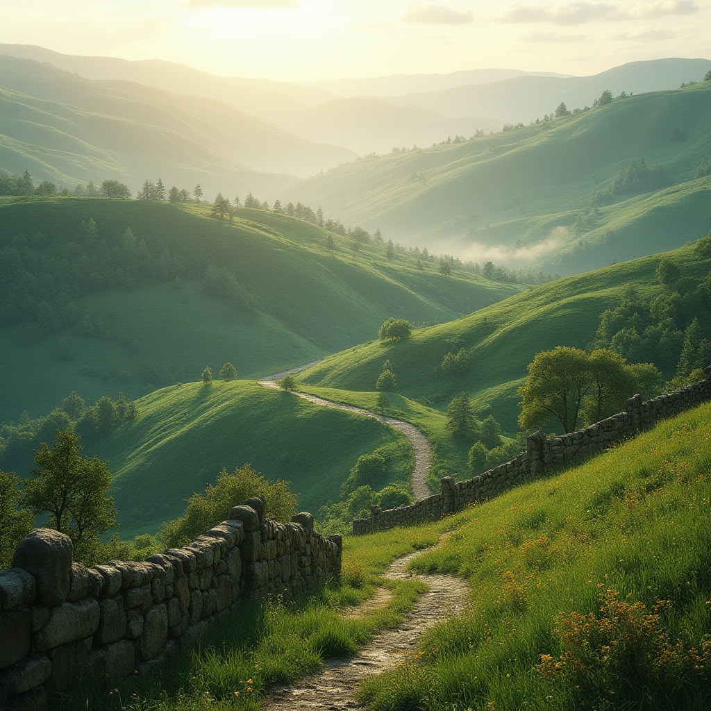 Prompt: Rolling hills, serene natural scenery, lush greenery, winding roads, rustic stone walls, wooden fences, wildflowers, misty morning, soft warm lighting, shallow depth of field, 3/4 composition, panoramic view, realistic textures, ambient occlusion, harmonious color palette, organic shapes, blending boundaries, seamless transitions, futuristic architecture, eco-friendly materials, sustainable design principles, innovative landscape manipulation techniques.