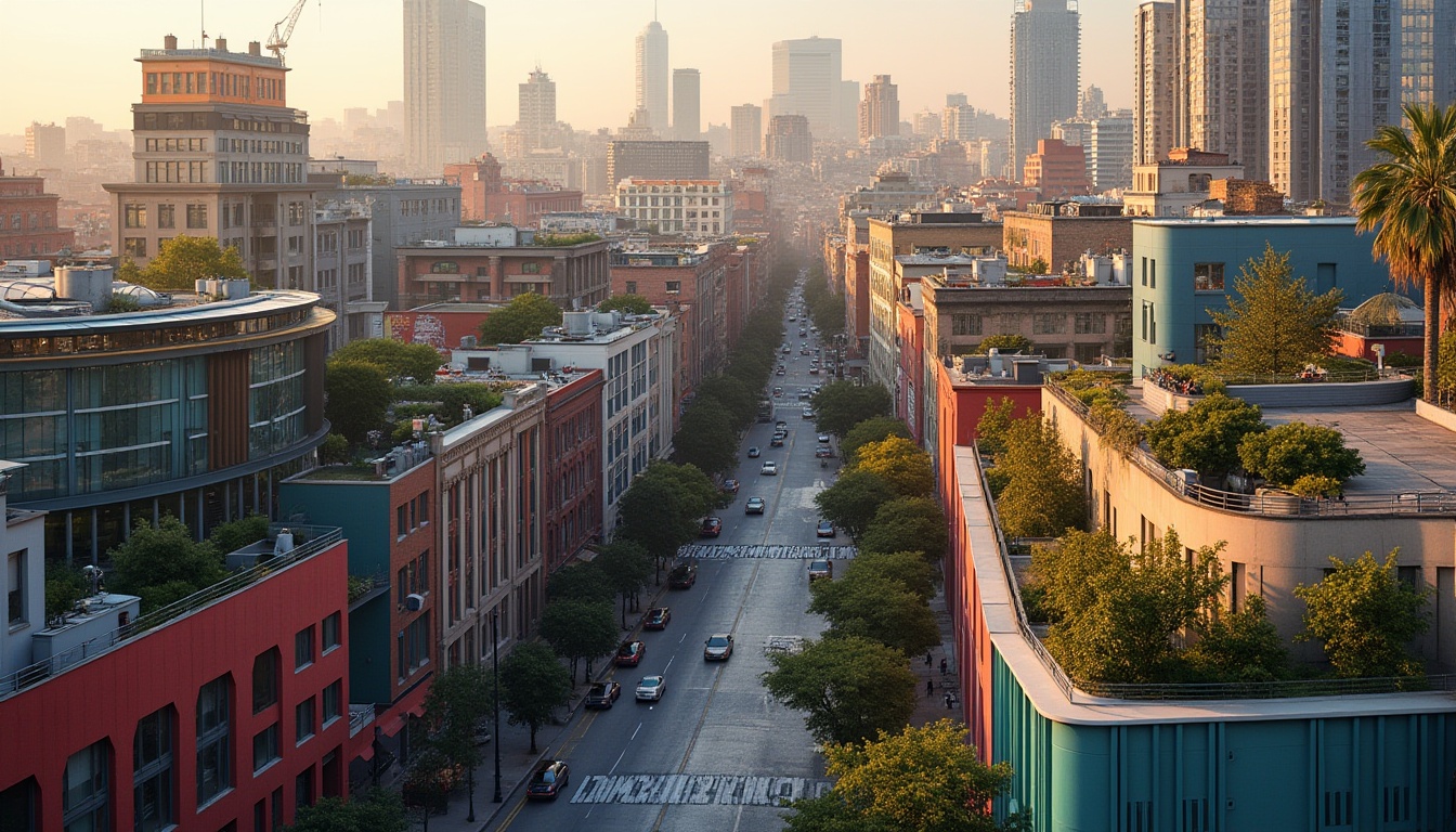 Prompt: Vibrant cityscape, bustling streets, modern blobitecture style buildings, curved lines, irregular shapes, bold colors, glass facades, metallic accents, urban parks, green roofs, rooftop gardens, pedestrian walkways, street art, graffiti walls, eclectic mix of old and new architecture, warm evening lighting, shallow depth of field, 1/1 composition, realistic textures, ambient occlusion.