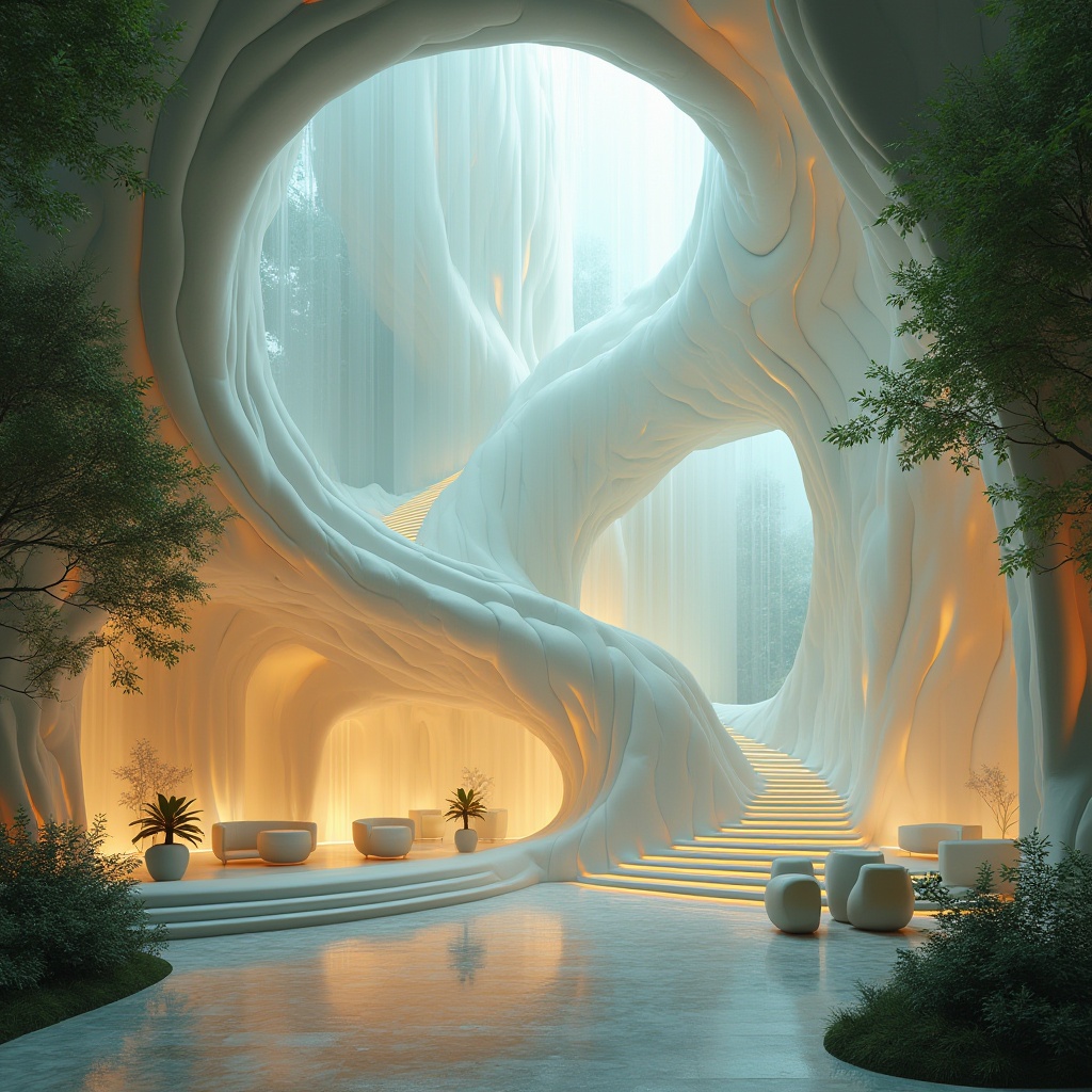 Prompt: Ethereal blob-like church, undulating curves, soft glowing luminescence, iridescent colors, translucent glass walls, wispy cloud-inspired ceilings, organic shapes, flowing liquid-like forms, futuristic architecture, neon-lit accents, atmospheric misting, mystical ambiance, spiritual aura, minimalist furnishings, natural stone flooring, lush greenery surroundings, serene forest landscape, warm golden lighting, shallow depth of field, 1/1 composition, realistic textures, ambient occlusion.