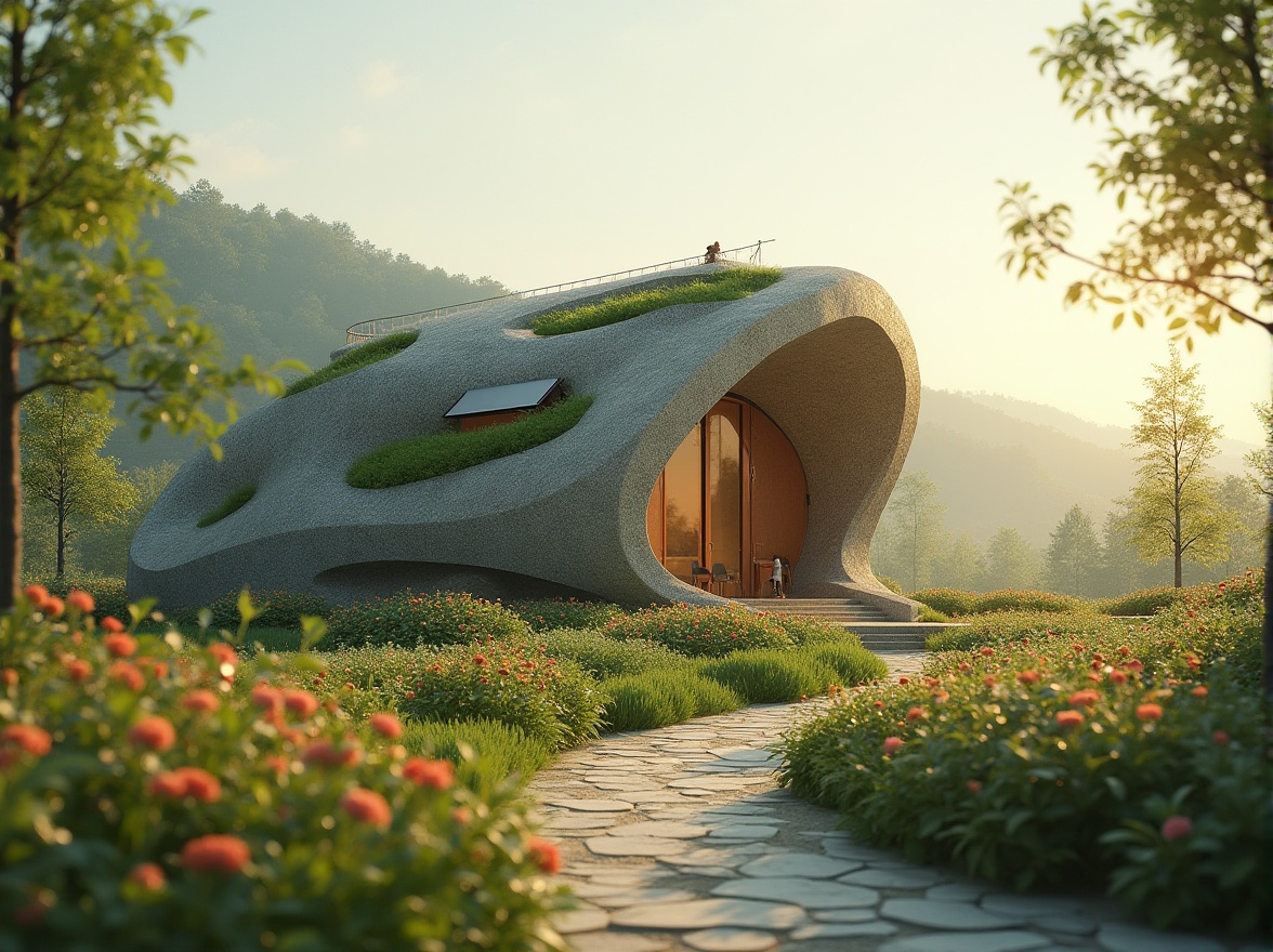 Prompt: Organic blob-shaped church, curvaceous lines, natural stone fa\u00e7ade, green roofs, solar panels, rainwater harvesting systems, eco-friendly materials, minimalist interior design, warm ambient lighting, shallow depth of field, soft focus effect, 3/4 composition, panoramic view, realistic textures, ambient occlusion, lush greenery surroundings, blooming flowers, serene atmosphere, sunny day, soft warm natural light.