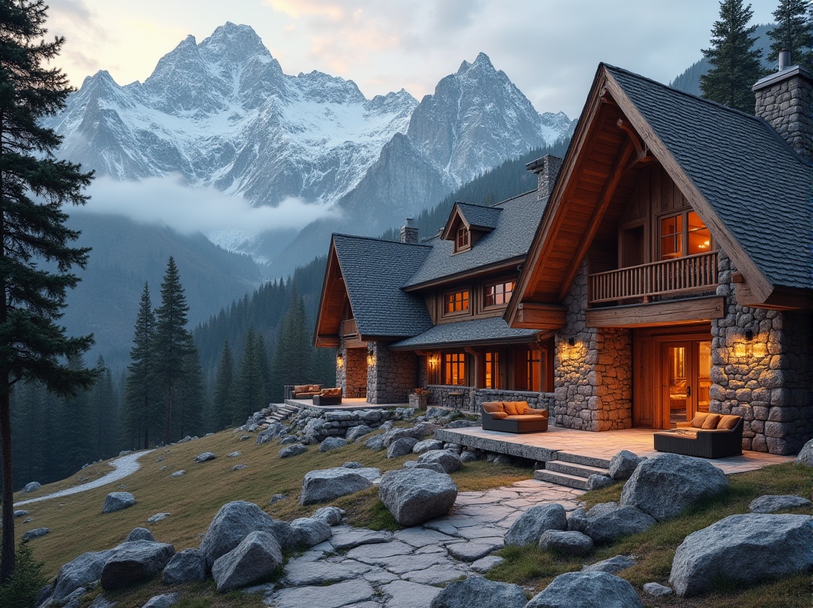 Prompt: Snow-capped mountain peaks, rugged rocky terrain, rustic wooden cabins, earthy stone walls, steeply pitched roofs, wooden beam ceilings, cozy fireplaces, plush furnishings, warm ambient lighting, misty foggy atmosphere, 1/2 composition, soft focus effect, natural textures, warm color palette, earthy tones, muted pastels, weathered wood accents, granite countertops, stainless steel appliances, modern mountain lodge, luxurious retreat, serene wilderness surroundings, evergreen trees, winding hiking trails.