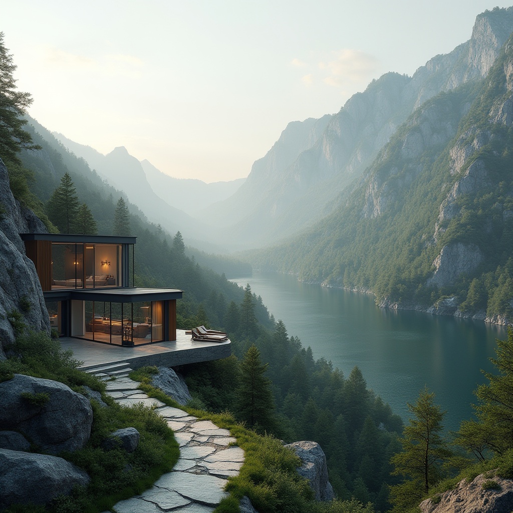 Prompt: Panoramic mountainous landscape, rolling hills, serene lakeside, lush green forests, winding stone pathways, modern luxury villas, sleek glass facades, minimalist interior design, floor-to-ceiling windows, seamless indoor-outdoor transition, natural materials palette, warm ambient lighting, soft focus blur, 1/1 composition, atmospheric mist effect, realistic rock textures, subtle water reflections.