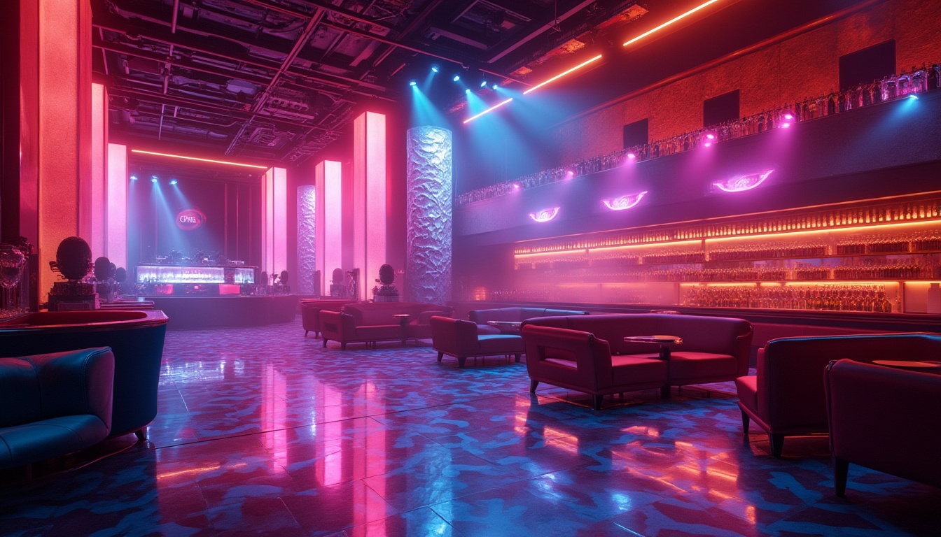 Prompt: Vibrant nightclub interior, neon-lit dance floor, strobe lights, DJ booth, futuristic sound systems, luxurious VIP areas, velvet ropes, champagne bars, LED walls, dynamic lighting installations, fog machines, metallic accents, mirrored ceilings, geometric patterns, glossy floors, plush couches, intimate seating areas, atmospheric smoke effects, warm color schemes, 1/2 composition, shallow depth of field, soft focus blur.