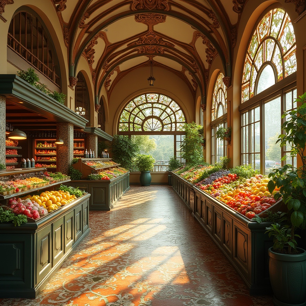 Prompt: Vibrant grocery store, Art Nouveau style, ornate metalwork, flowing organic lines, earthy tones, warm beige walls, rich wooden accents, elegant bronze fixtures, stained glass windows, lush greenery, fresh produce displays, colorful ceramic tiles, intricate mosaic patterns, soft warm lighting, shallow depth of field, 1/2 composition, realistic textures, ambient occlusion.Please let me know if this meets your expectations!