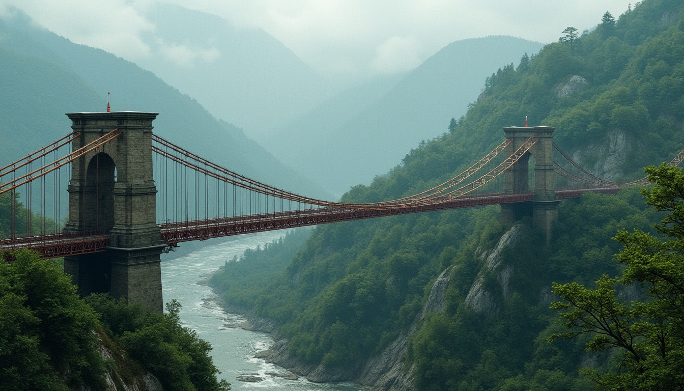 Prompt: Mountainous terrain, meandering rivers, lush green forests, suspension bridge, steel arches, cable-stayed structure, pedestrian walkways, observation decks, rust-colored railings, natural stone abutments, cantilevered sections, dynamic lighting, misty atmosphere, shallow depth of field, 1/2 composition, realistic textures, ambient occlusion.