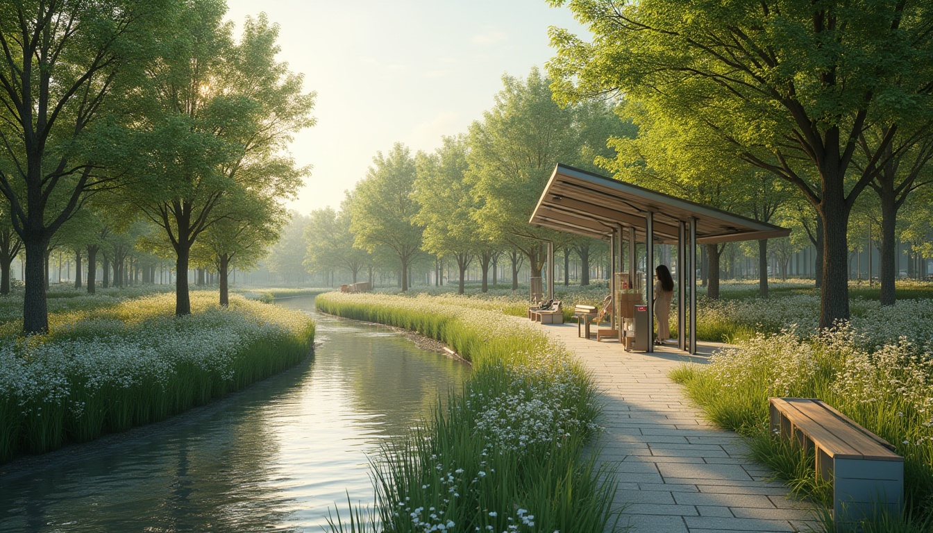 Prompt: Scenic riverbank, lush green vegetation, blooming flowers, tranquil water reflections, modern charging stations, sleek metal canopies, solar panels, energy-efficient lighting, natural stone pathways, wooden benches, educational signage, native plant species, riparian zone restoration, eco-friendly materials, minimalist design, shallow depth of field, 1/1 composition, soft warm lighting, realistic textures, ambient occlusion.