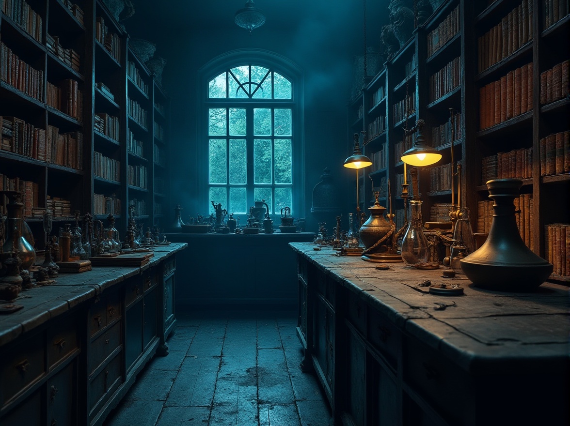 Prompt: Mysterious, dark academia, vintage laboratory, Prussian blue hues, rich indigo tones, muted earthy shades, worn wooden shelves, antique scientific equipment, old leather-bound books, dimly lit atmosphere, soft warm lighting, shallow depth of field, 1/1 composition, realistic textures, ambient occlusion.