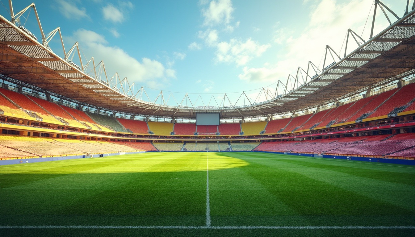 Prompt: Vibrant sports stadium, lush green grass, bold color blocking, dynamic curves, sleek metallic accents, transparent glass fa\u00e7ades, modernist architecture, geometric patterns, rhythmic lines, energetic atmosphere, warm sunny day, soft natural lighting, shallow depth of field, 3/4 composition, panoramic view, realistic textures, ambient occlusion.