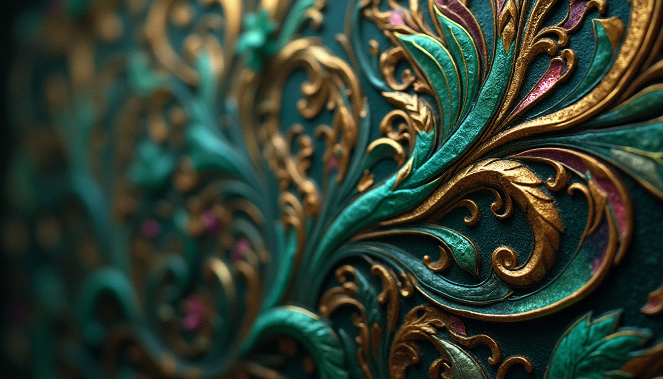 Prompt: Intricate ornate details, flowing organic lines, sinuous curves, lush botanical forms, jewel-toned colors, emerald green, sapphire blue, amethyst purple, golden yellow, copper accents, luxurious velvet textures, ornate metalwork, stained glass motifs, dreamy soft focus, warm romantic lighting, shallow depth of field, 2/3 composition, intimate close-ups, high-contrast imagery.