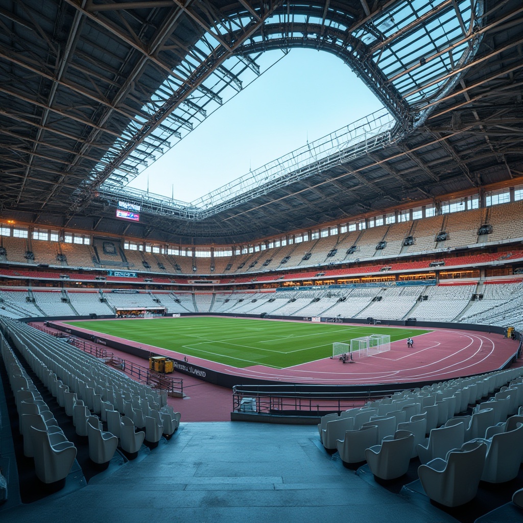 Prompt: Modern stadium architecture, sleek metal fa\u00e7ades, polished concrete floors, textured stone walls, vibrant LED lighting, transparent glass roofs, minimalist seating areas, durable plastic seats, weathered steel beams, exposed ductwork, industrial-style piping, natural wood accents, rubberized athletic tracks, high-gloss paint finishes, metallic coatings, dynamic color schemes, futuristic designs, angular lines, sweeping curves, dramatic shadows, low-angle lighting, 1/1 composition, realistic reflections, ambient occlusion.