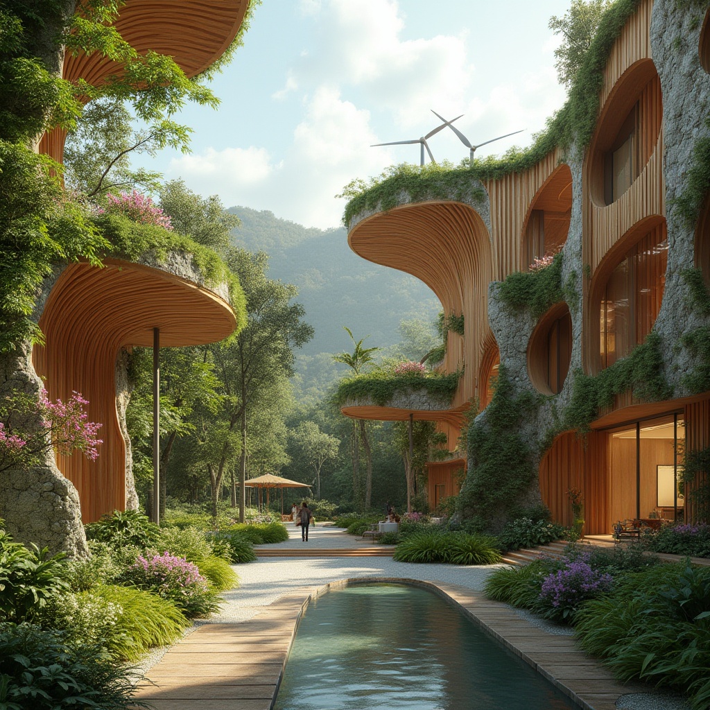 Prompt: Organic curves, botanical patterns, earthy tones, reclaimed wood accents, living walls, green roofs, natural stone facades, water features, misting systems, serene ambiance, warm soft lighting, shallow depth of field, 3/4 composition, panoramic view, realistic textures, ambient occlusion, sustainable energy solutions, solar panels, wind turbines, eco-friendly materials, innovative cooling technologies.