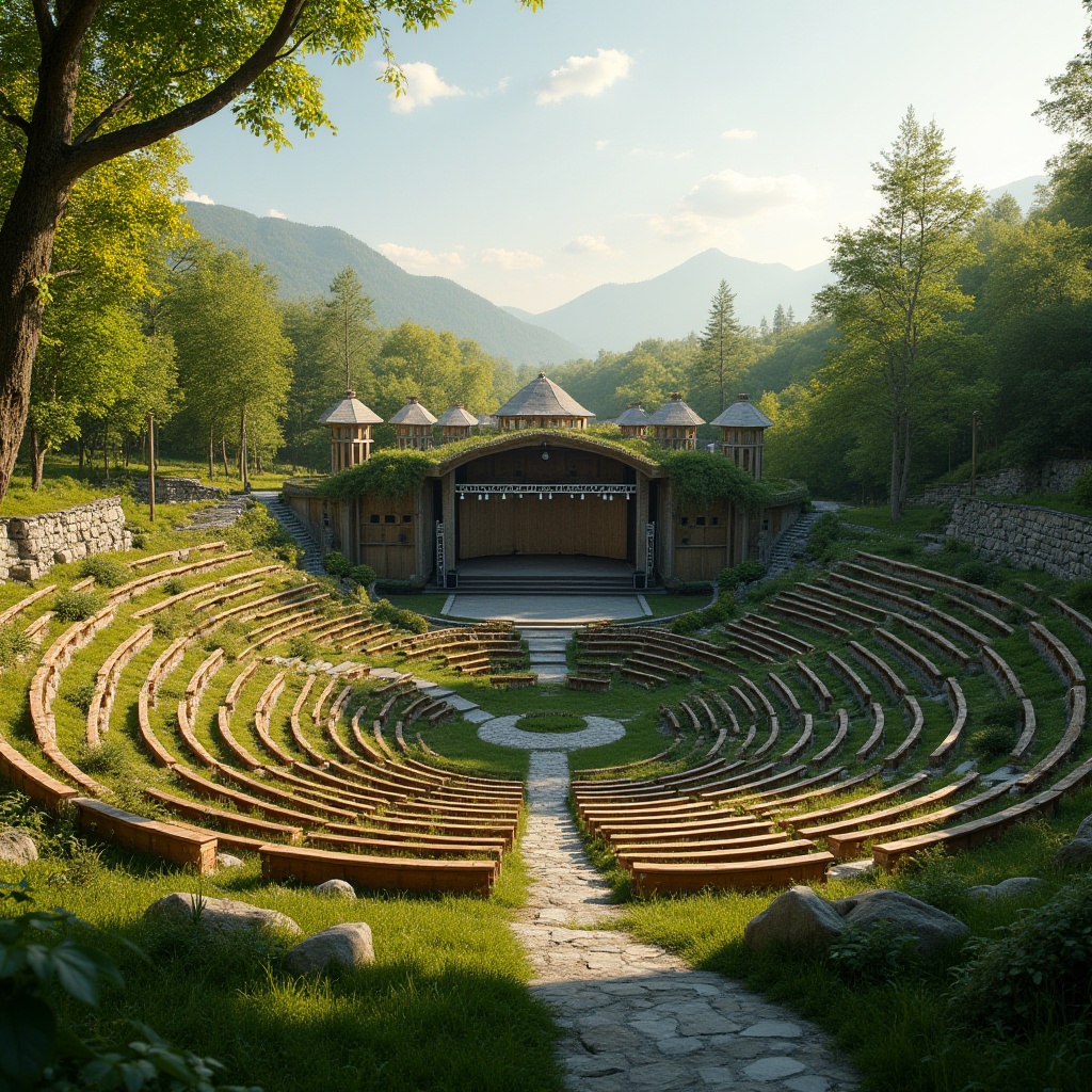 Prompt: Natural amphitheater, lush green surroundings, tiered seating, wooden benches, grassy slopes, open sky, warm sunlight, gentle breeze, sound reinforcement systems, loudspeaker arrays, subwoofers, audio mixing consoles, microphone setups, acoustic panels, sound-absorbing materials, reverberation control, echo reduction, optimal speaker placement, clear line of sight, unobstructed audience views, intimate performance settings, soft warm lighting, shallow depth of field, 3/4 composition, panoramic view.