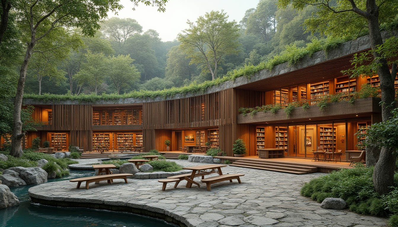 Prompt: Rustic library exterior, harmonious landscape integration, lush green roofs, natural stone walls, wooden accents, earthy color palette, serene reading areas, comfortable outdoor seating, meandering walkways, native plant species, babbling brook sounds, soft warm lighting, shallow depth of field, 3/4 composition, panoramic view, realistic textures, ambient occlusion, modern library interior, open shelving, cozy reading nooks, minimalist decor, abundant natural light, innovative display systems, interactive digital installations.