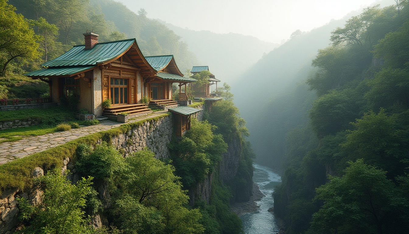 Prompt: Harmonious building facade, curvaceous lines, blended boundaries, lush green roofs, verdant walls, natural stone materials, weathered wood textures, seamless landscape integration, scenic overlooks, panoramic views, misty mornings, warm sunlight, soft shadows, 3/4 composition, atmospheric perspective, realistic foliage, ambient occlusion.