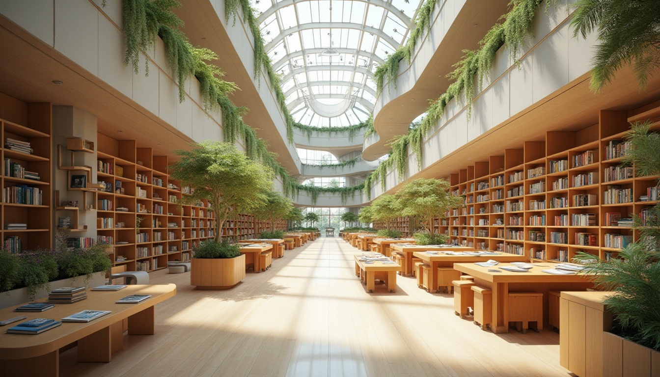 Prompt: Spacious library interior, abundant natural light, clerestory windows, skylights, solar tubes, cross ventilation, open atriums, breathable walls, green roofs, living walls, vertical gardens, minimalist decor, wooden shelves, comfortable reading areas, quiet atmosphere, warm beige colors, soft diffused lighting, 1/1 composition, realistic textures, ambient occlusion.